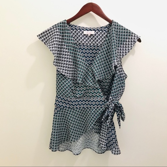 Parker Geometric Wrap Blouse tank XS green blue - Picture 2 of 10